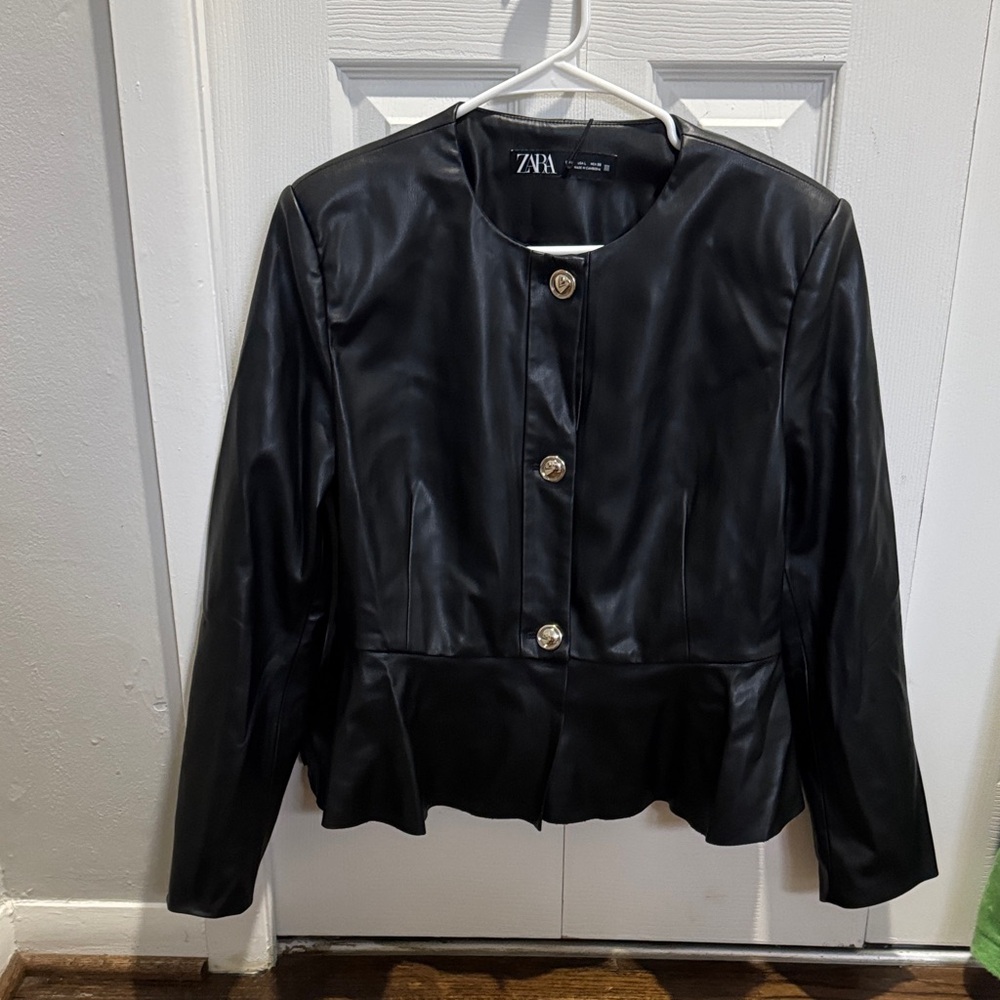 Zara Black Faux Leather Peplum Blazer with Gold Buttons